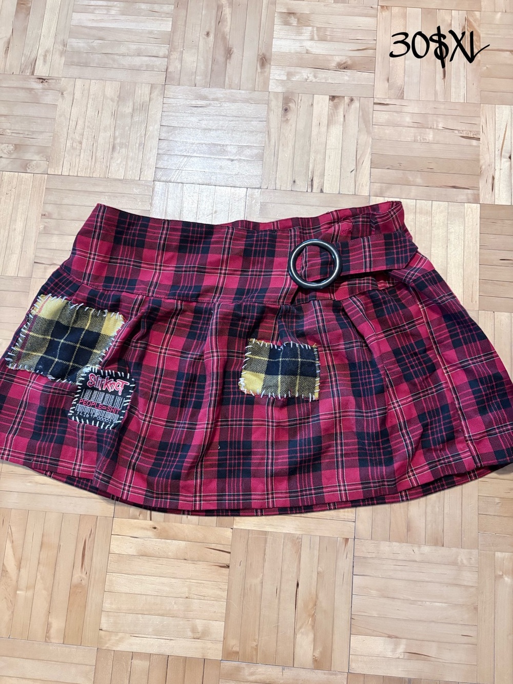 Red Plaid Mini Skirt with Belt Accent